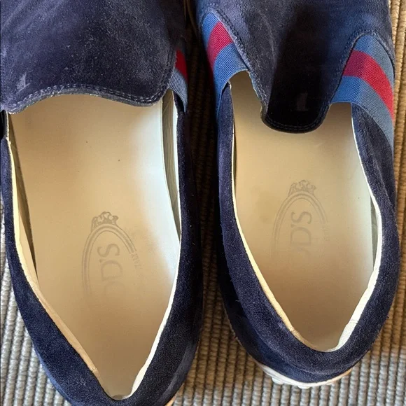 Tod's Navy Suede Slip-On Loafers with Red & Blue Webbing - Picture 7 of 9